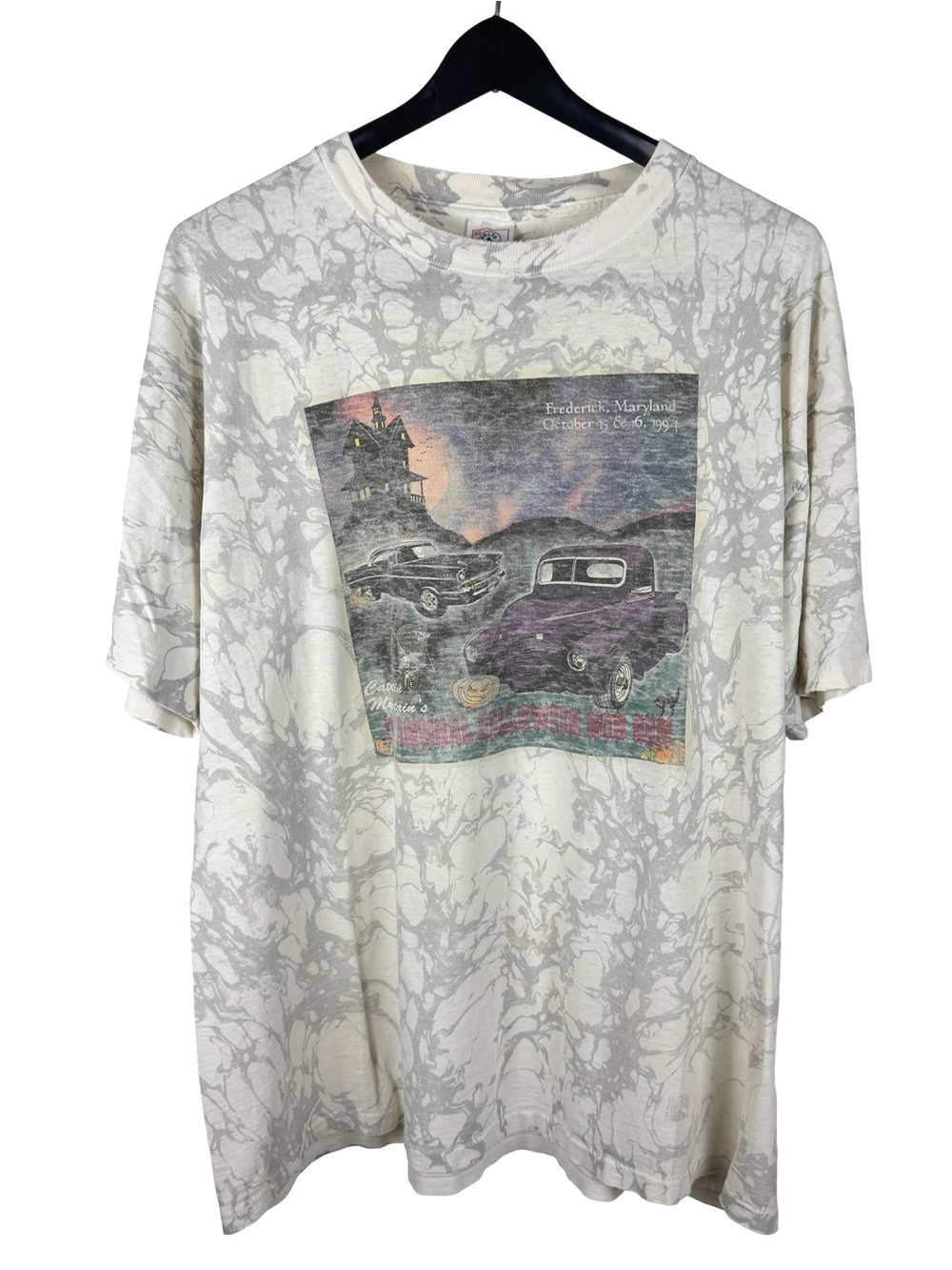 Vintage 90s Halloween Haunted Hot Rod Run Car Graphic White Shirt Size XL